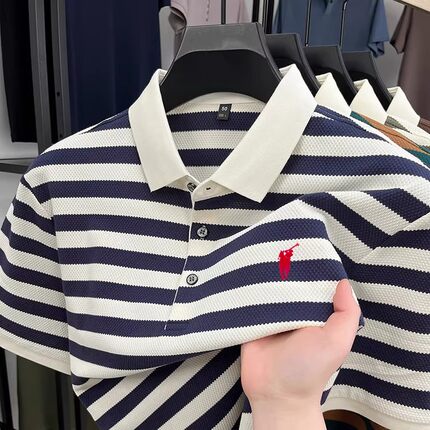 【奥莱品牌折扣】保罗夏季男士短袖T恤条纹翻领商务半袖纯棉polo