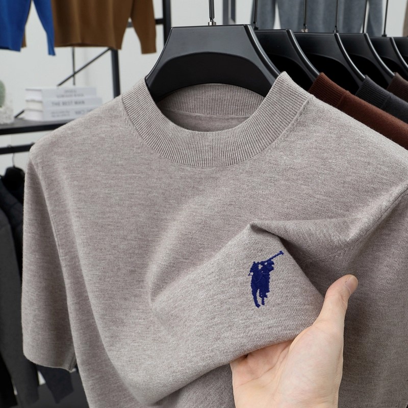 保罗春秋男士中青年精纺桑蚕丝羊毛衫半高领短袖针织打底刺绣T恤