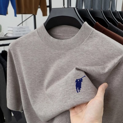 保罗春秋男士中青年精纺桑蚕丝羊毛衫半高领短袖针织打底刺绣T恤