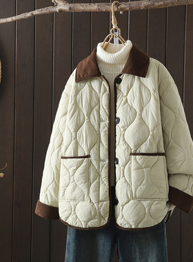 小香风撞色翻领菱格羽绒棉服女冬季韩版轻薄夹棉保暖棉衣短款外套