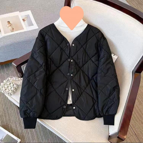2024新款棉服女短款菱格ins无领轻薄冬季时尚棉衣小香风女外套