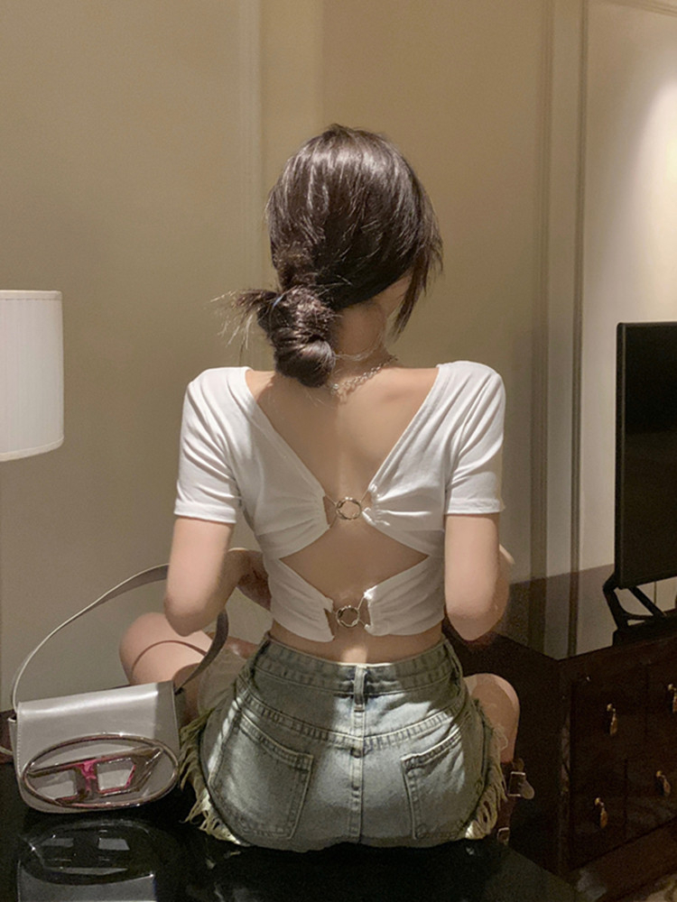 辣妹镂空露背正肩短袖T恤女夏季修身显瘦设计感美式露脐短款上衣