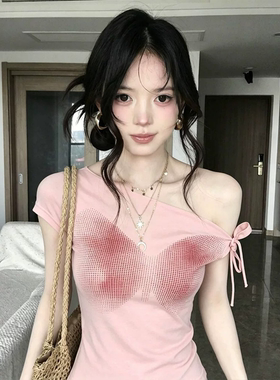 韩系甜美晕染蝴蝶印花斜肩短袖t恤女夏季修身显瘦绑带设计感上衣