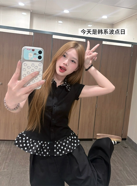 韩系复古波点娃娃领短袖T恤女夏修身显瘦洋气设计感小众短款上衣