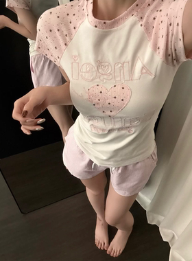 美式星星爱心刺绣正肩插肩短袖t恤女夏季修身显瘦辣妹Y2K短款上衣