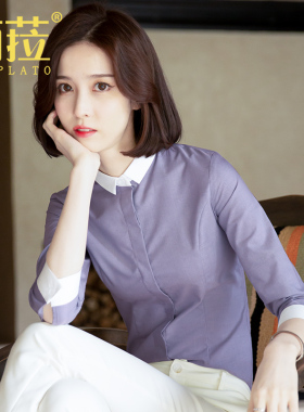 灰色七分袖衬衫女夏季新款工作服设计感小众时尚小领上衣职业衬衣