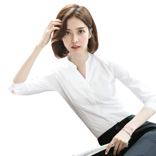 v领白衬衫女七分袖新款中袖职业工作服工装设计感小众立领衬衣