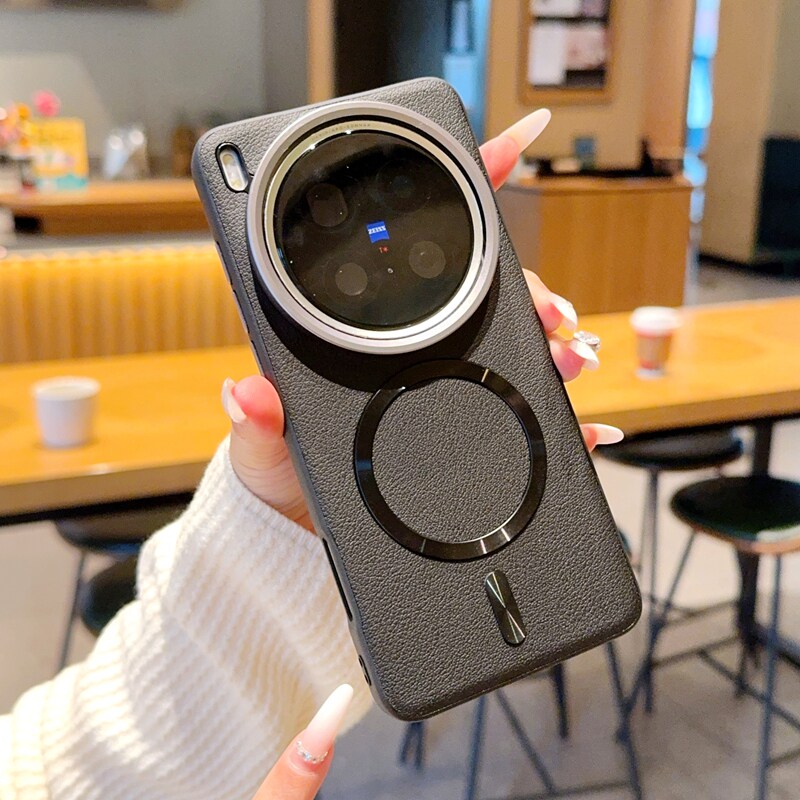 轻奢皮纹磁吸环适用VIVOX200手机壳新款磨砂x200pro保护套金属镜头大孔x200ultra全包防摔proMini男真皮质感