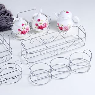 通用陶瓷调料盒两件套四件套底托4寸直身调味瓶罐三件套金属底座