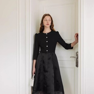 单排扣欧根纱层叠七分袖 Bride You韩国直邮法式 连衣裙 And BAU