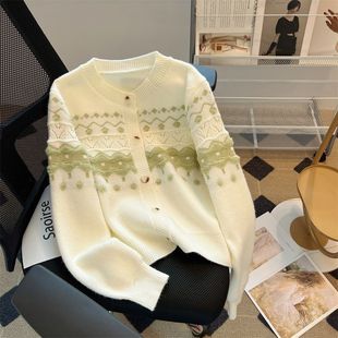 女秋冬2025新款 温柔风撞色毛巾绣针织开衫 外穿慵懒风宽松毛衣外套