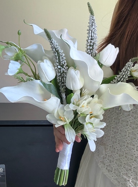 new韩式白色马蹄莲郁金香手捧花仿真极简新娘婚纱照领证婚礼花束