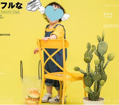 儿童摄影道具拍照铁艺椅子背景影楼创意写真时尚DIY红黄铁艺凳子