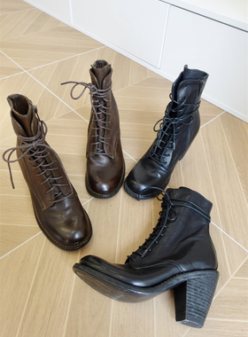 原创固特异手工鞋 马皮系带高跟鞋 水洗做旧马丁靴