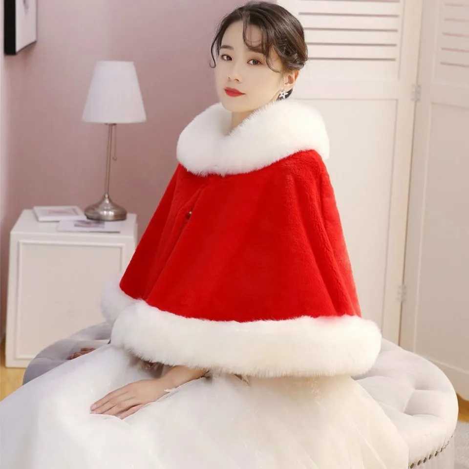 婚纱披肩女秋冬狐狸毛结婚斗篷貂绒小外套短款保暖白红色斗篷外搭
