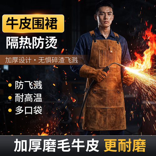 加厚翻毛牛皮耐磨多口袋防护围裙