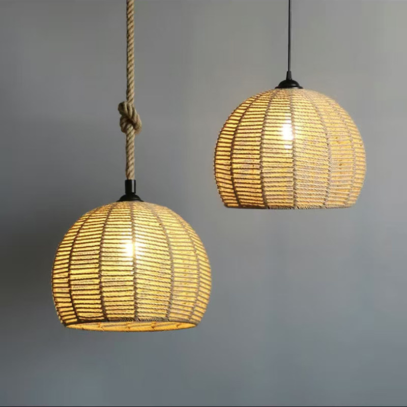 麻绳半圆球吊灯餐厅日式吧台灯服装店咖啡火锅店茶室灯具田园民宿