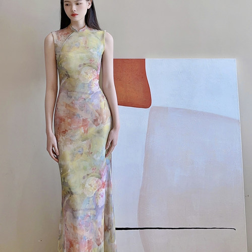 原创「逢春」原创晕染弹力网纱显瘦两穿旗袍连衣裙