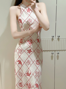 复古红菱格提花收腰开叉无袖 度假长裙 连衣裙女夏2026新款