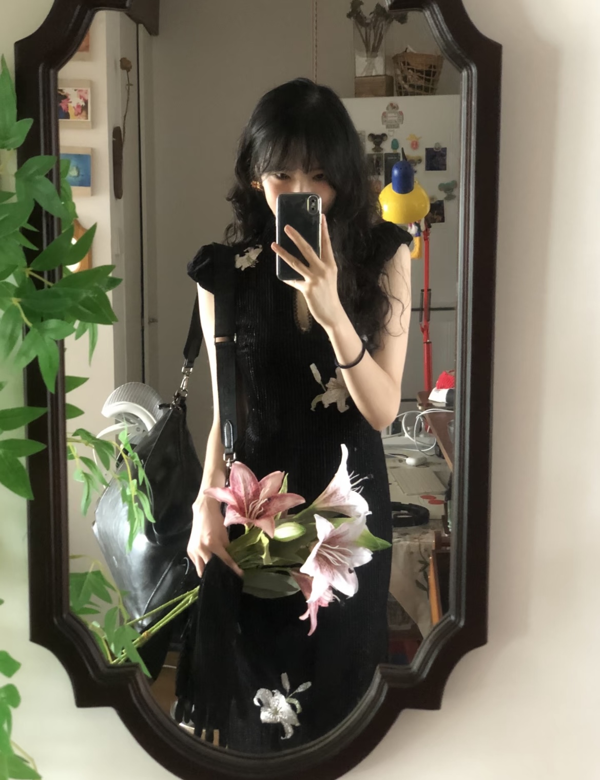 百合旗袍 黑色丝绒竖条纹银丝线长款水滴领立领小旗袍连衣裙