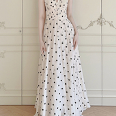 波点印花挂脖连衣裙蕾丝大摆气质长裙子 法式 呓语