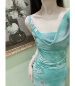 月色碧波 复古春夏 印花吊带鱼尾连衣裙长裙新中式