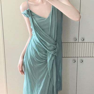 【薄荷曼波】希腊风吊带飘带抽褶连衣裙女