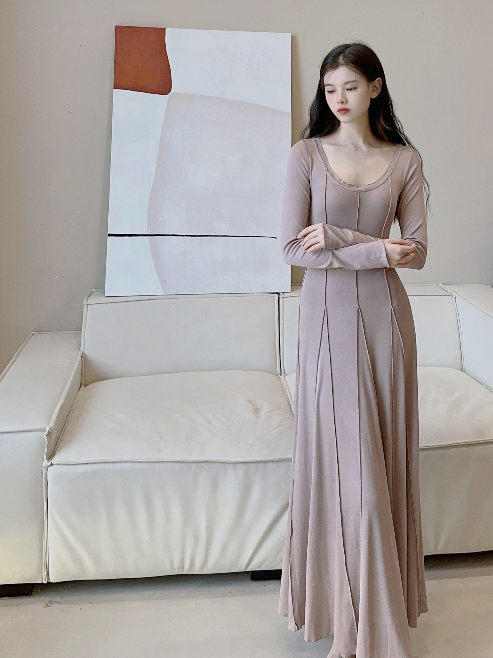 伏见枝序 微粉紫燕麦线迹分割大摆收腰针织裙