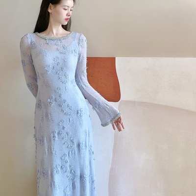 青烟 气质高级感镶钻蕾丝圆领吊带连衣裙两件套