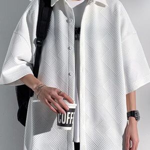 华夫格短袖衬衫男士夏季薄款大码男装日系潮牌宽松休闲白衬衣外套