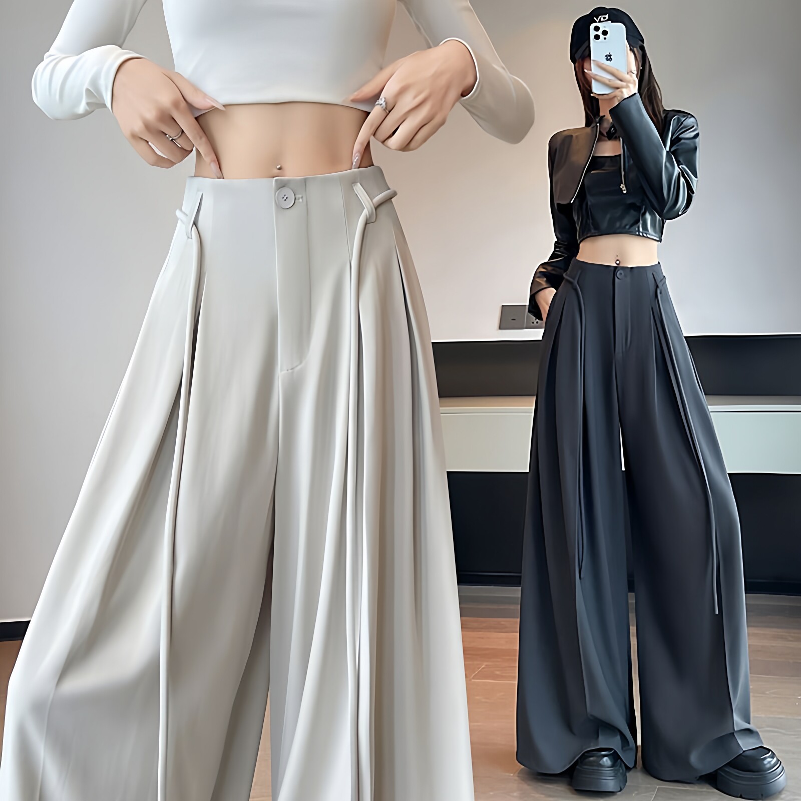 春夏季女装老钱风高级感西装阔腿裤设计感高腰垂感宽松休闲拖地裤