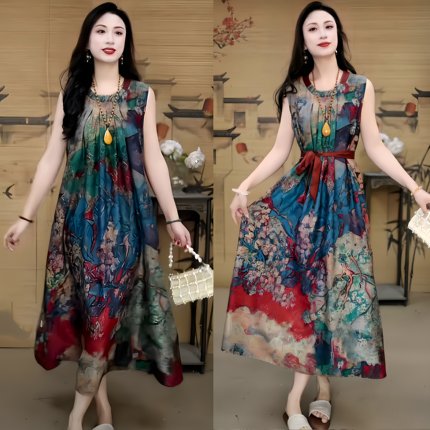 夏季女2026新款时尚休闲减龄设计感气质轻薄大码红云纱无袖连衣裙