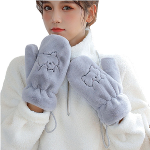 手套女冬季保暖可爱韩版学生卡通小熊防寒加绒加厚棉毛绒挂脖冬天