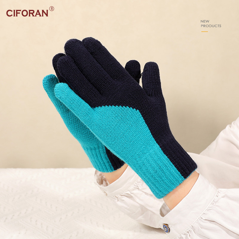 秋冬双色针织毛线手套保暖女露二指韩版冬天骑车可爱防寒分指情侣