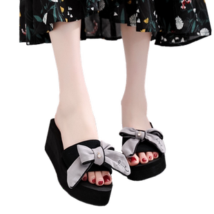 拖鞋女夏厚底蝴蝶结一字拖鞋韩版高跟时尚休闲沙滩鞋外穿坡跟凉拖