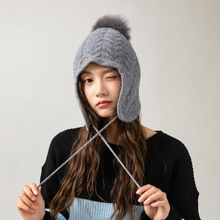 新款加厚女纯羊绒针织帽羊毛护耳系带儿童包头亲子狐狸毛球防风帽