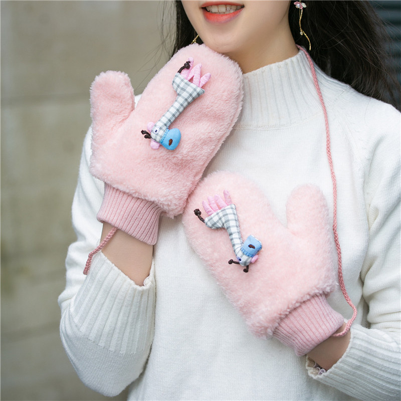 手套女冬天保暖加绒加厚可爱长颈鹿冬全指学生棉毛绒防寒骑行韩版