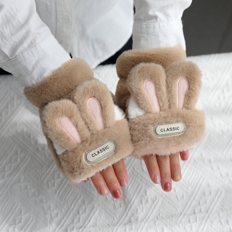 女毛绒半指翻盖两用保暖手套