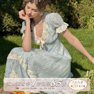 夏天 短袖 风 田园清新baby蓝长款 蕾丝裙通勤连衣裙 法式 LaceMade