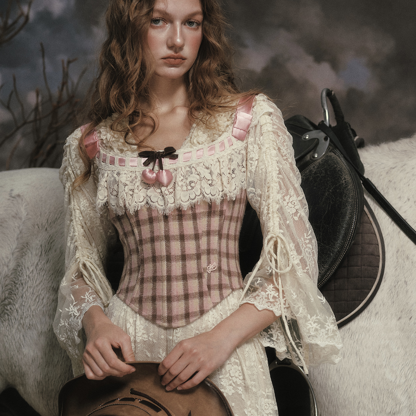 LaceMade 甜心可露丽 法式少女甜美格纹吊带上衣鱼骨胸衣掐腰显瘦