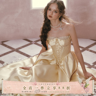 设计感公主系列缎面抹胸蕾丝鱼骨连衣裙女 法式 LaceMade 贝儿鎏金