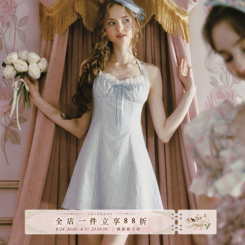 LaceMade 蓝格格 法式田园风棉质甜美蓝色连衣裙挂脖A摆短裙女夏