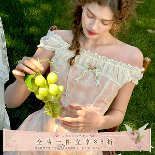 LaceMade 蜜糖腮红 法式甜美田园风一字肩短款连衣裙小个子通勤夏