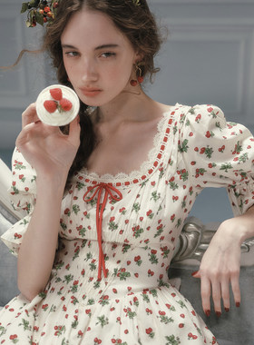LaceMade 草莓乐园 法式田园风棉质少女收腰显瘦中袖碎花连衣裙女