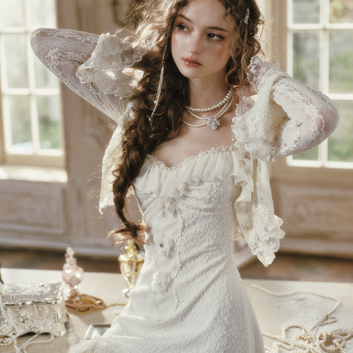 LaceMade 云雾花花 法式田园风甜美初恋小白裙短款连衣裙气质女夏