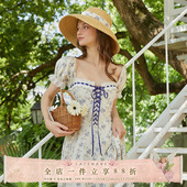 设计感田园风印花显瘦鱼骨胸衣连衣裙 法式 LaceMade 春野蓝藤花