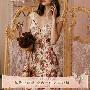 LaceMade 人间富贵花 法式复古浪漫满印牡丹花肌理感连衣裙印花裙