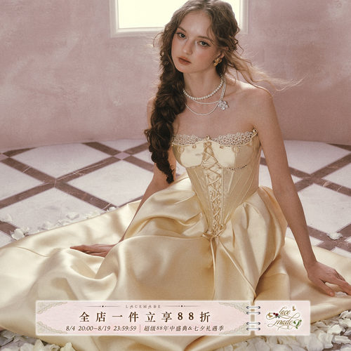 LaceMade 贝儿鎏金 法式设计感公主系列缎面抹胸蕾丝鱼骨连衣裙女