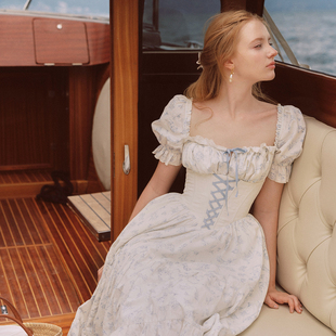 LaceMade 蓝娃娃 法式甜美公主裙蓝色碎花鱼骨收腰通勤连衣裙长款