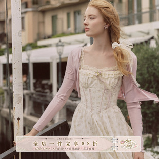 LaceMade 奶油丁香 法式重工奶黄色连衣裙鱼骨收腰碎花通勤长裙女